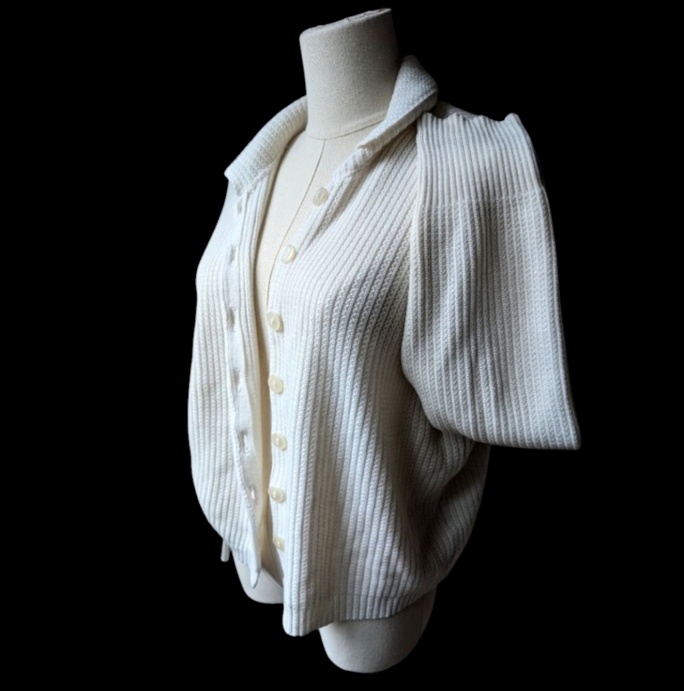 Vtg Pearly White Acrylic Sweater Button Up Rib Knit EUC Cashmilon